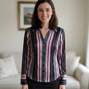 Tailor B.Moss, Black and Pink Pinstripe V-neckline Button-Up Blouse, Small